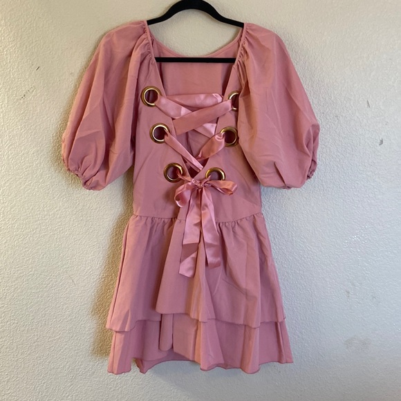 shein pink dress puff sleeve Shein X Hello Kitty & Friends Size L Pink Polka Dot Puff Sleeve Ruched Dress